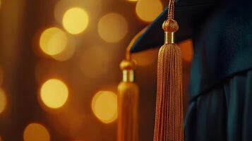 Graduation caps showcase golden tassels on black mortarboards with selective focus, creating celebratory atmosphere against warm bokeh background. mortarboard photo