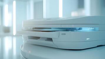 Modern office printer features paper tray and scanner functionality in clean white workspace, highlighting minimalist design in corporate environment. productive photo