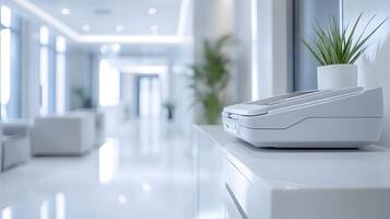 Modern office printer features paper tray and scanner functionality in clean white workspace, highlighting minimalist design in corporate environment. printer photo