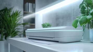 Modern office printer features paper tray and scanner functionality in clean white workspace, highlighting minimalist design in corporate environment. paper photo