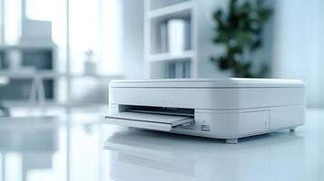 Modern office printer features paper tray and scanner functionality in clean white workspace, highlighting minimalist design in corporate environment. office photo