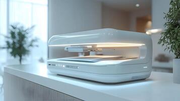 Modern office printer features paper tray and scanner functionality in clean white workspace, highlighting minimalist design in corporate environment. white photo