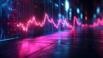 Neon financial chart features pink and blue gradients with upward trends, presented in 3D holographic style with grid perspective floor against dark background. grid photo