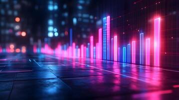 Neon financial chart features pink and blue gradients with upward trends, presented in 3D holographic style with grid perspective floor against dark background. perspective photo