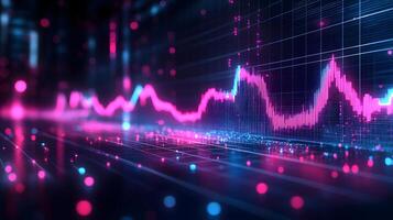 Neon financial chart features pink and blue gradients with upward trends, presented in 3D holographic style with grid perspective floor against dark background. floor photo