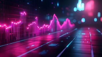 Neon financial chart features pink and blue gradients with upward trends, presented in 3D holographic style with grid perspective floor against dark background. upward photo