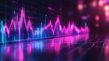 Neon financial chart features pink and blue gradients with upward trends, presented in 3D holographic style with grid perspective floor against dark background. data photo