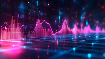 Neon financial chart features pink and blue gradients with upward trends, presented in 3D holographic style with grid perspective floor against dark background. statistics photo