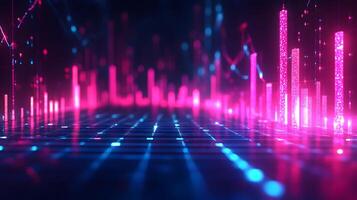 Neon financial chart features pink and blue gradients with upward trends, presented in 3D holographic style with grid perspective floor against dark background. business photo