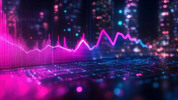 Neon financial chart features pink and blue gradients with upward trends, presented in 3D holographic style with grid perspective floor against dark background. analysis photo