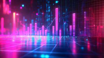 Neon financial chart features pink and blue gradients with upward trends, presented in 3D holographic style with grid perspective floor against dark background. projection photo