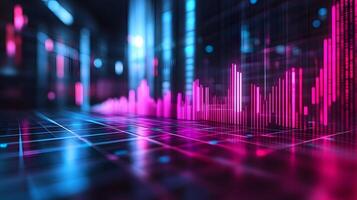 Neon financial chart features pink and blue gradients with upward trends, presented in 3D holographic style with grid perspective floor against dark background. forecast photo