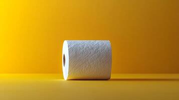 Toilet paper roll positioned against pale yellow backdrop showcases textured paper detail with right-aligned placement and soft shadow effects. texture photo