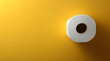 Toilet paper roll positioned against pale yellow backdrop showcases textured paper detail with right-aligned placement and soft shadow effects. yellow photo