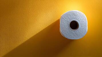 Toilet paper roll positioned against pale yellow backdrop showcases textured paper detail with right-aligned placement and soft shadow effects. shadow photo