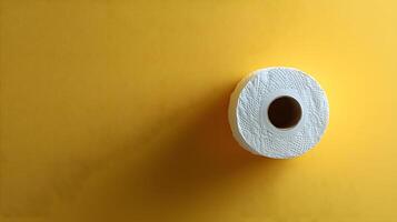 Toilet paper roll positioned against pale yellow backdrop showcases textured paper detail with right-aligned placement and soft shadow effects. household photo
