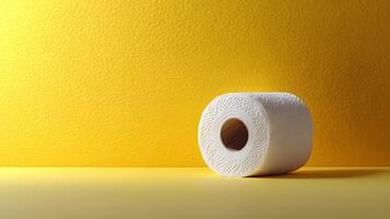 Toilet paper roll positioned against pale yellow backdrop showcases textured paper detail with right-aligned placement and soft shadow effects. sanitary photo