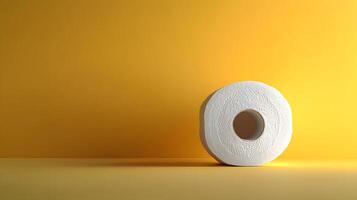 Toilet paper roll positioned against pale yellow backdrop showcases textured paper detail with right-aligned placement and soft shadow effects. cleanliness photo