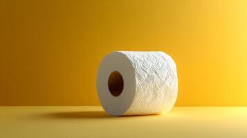 Toilet paper roll positioned against pale yellow backdrop showcases textured paper detail with right-aligned placement and soft shadow effects. necessity photo