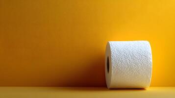 Toilet paper roll positioned against pale yellow backdrop showcases textured paper detail with right-aligned placement and soft shadow effects. hygiene photo