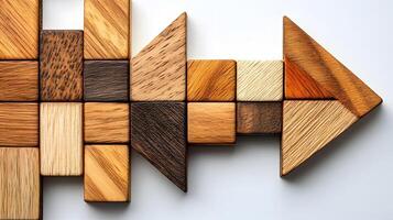 Wooden right arrow constructed from geometric blocks highlights natural grain texture in minimalist design, arranged with light wooden elements on clean white backdrop. woodwork photo