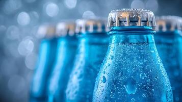 Blue glass soda bottles line up perfectly, displaying carbonated beverages with condensation drops, creating refreshing summer vibes against soft bokeh background. blue photo