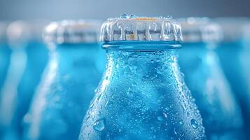 Blue glass soda bottles line up perfectly, displaying carbonated beverages with condensation drops, creating refreshing summer vibes against soft bokeh background. beverages photo