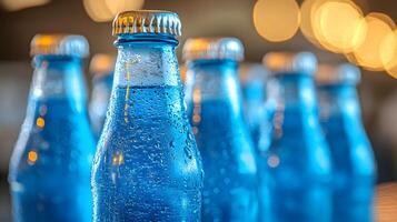 Blue glass soda bottles line up perfectly, displaying carbonated beverages with condensation drops, creating refreshing summer vibes against soft bokeh background. soda photo
