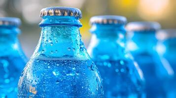 Blue glass soda bottles line up perfectly, displaying carbonated beverages with condensation drops, creating refreshing summer vibes against soft bokeh background. liquid photo