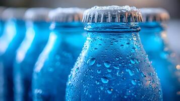 Blue glass soda bottles line up perfectly, displaying carbonated beverages with condensation drops, creating refreshing summer vibes against soft bokeh background. condensation photo