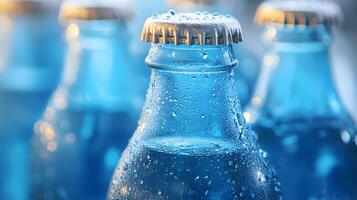 Blue glass soda bottles line up perfectly, displaying carbonated beverages with condensation drops, creating refreshing summer vibes against soft bokeh background. summer photo