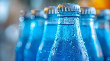 Blue glass soda bottles line up perfectly, displaying carbonated beverages with condensation drops, creating refreshing summer vibes against soft bokeh background. panoramic photo