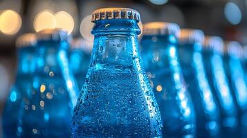Blue glass soda bottles line up perfectly, displaying carbonated beverages with condensation drops, creating refreshing summer vibes against soft bokeh background. thirstquenching photo