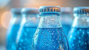 Blue glass soda bottles line up perfectly, displaying carbonated beverages with condensation drops, creating refreshing summer vibes against soft bokeh background. container photo