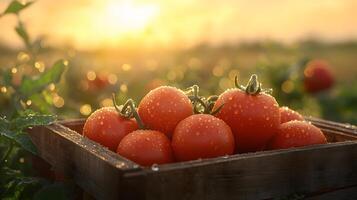 Ripe tomatoes nestle in wooden crate with farm field backdrop, showcasing vibrant red colors and morning dew drops in golden hour lighting with rustic wooden textures. field photo