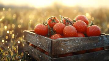 Ripe tomatoes nestle in wooden crate with farm field backdrop, showcasing vibrant red colors and morning dew drops in golden hour lighting with rustic wooden textures. dew photo