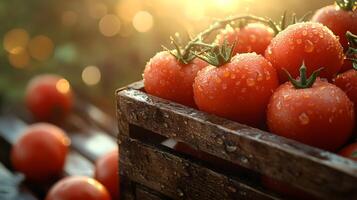 Ripe tomatoes nestle in wooden crate with farm field backdrop, showcasing vibrant red colors and morning dew drops in golden hour lighting with rustic wooden textures. rustic photo