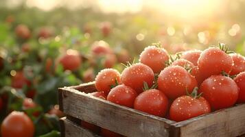 Ripe tomatoes nestle in wooden crate with farm field backdrop, showcasing vibrant red colors and morning dew drops in golden hour lighting with rustic wooden textures. farming photo