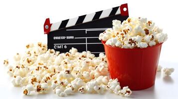 Movie clapperboard pairs with red popcorn bucket against pure white background, creating classic cinema theme with scattered kernels and crisp details. Hollywood photo