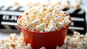 Movie clapperboard pairs with red popcorn bucket against pure white background, creating classic cinema theme with scattered kernels and crisp details. movie photo