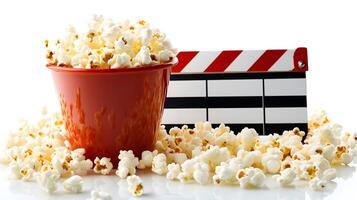 Movie clapperboard pairs with red popcorn bucket against pure white background, creating classic cinema theme with scattered kernels and crisp details. bucket photo