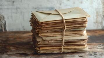 Vintage envelopes bound with twine string rest on rustic wooden table, capturing nostalgic postal theme with atmospheric detail against white wall backdrop. classic photo