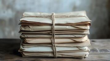 Vintage envelopes bound with twine string rest on rustic wooden table, capturing nostalgic postal theme with atmospheric detail against white wall backdrop. historical photo