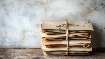 Vintage envelopes bound with twine string rest on rustic wooden table, capturing nostalgic postal theme with atmospheric detail against white wall backdrop. mail photo