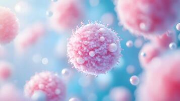 Pink coronavirus cell structure floats with detailed spikes against blurred backdrop, presenting scientific visualization in soft pink and blue molecular illustration. visualization photo