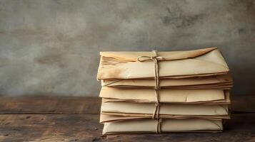 Vintage envelopes bound with twine string rest on rustic wooden table, capturing nostalgic postal theme with atmospheric detail against white wall backdrop. paper photo