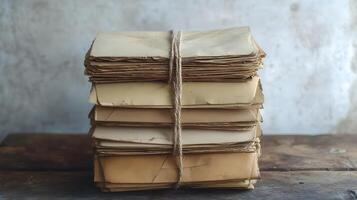 Vintage envelopes bound with twine string rest on rustic wooden table, capturing nostalgic postal theme with atmospheric detail against white wall backdrop. communication photo