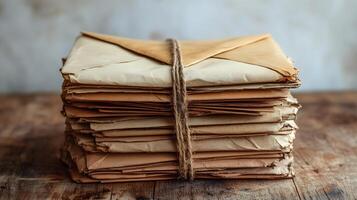 Vintage envelopes bound with twine string rest on rustic wooden table, capturing nostalgic postal theme with atmospheric detail against white wall backdrop. stationery photo
