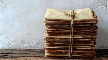 Vintage envelopes bound twine string rest on rustic wooden table, capturing nostalgic postal theme with atmospheric detail against white wall backdrop. traditional photo