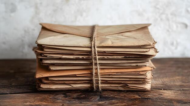 Vintage envelopes bound with twine string rest on rustic wooden table, capturing nostalgic postal theme with atmospheric detail against white wall backdrop. envelopes photo
